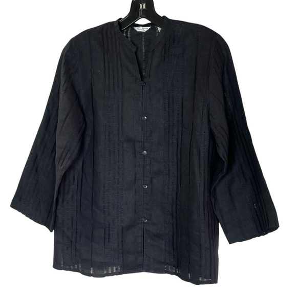 LAURA ASHLEY Button TOP 3/4 Sleeve BLACK Linen Size MP - Picture 1 of 8